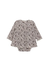 Blommönstrad babydress i mjukt tyg, med rund halsringning, långa ärmar och scalloped kant. Färgpaletten inkluderar djupa lila och krämiga nyanser.