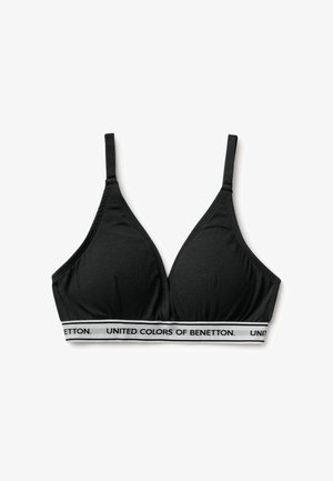 Schwarzer Soft-Cup-BH mit verstellbaren Trägern und weißem elastischem Bund unten mit schwarzem Text "United Colors of Benetton".
