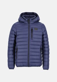 Navy puffer jacket with a hood, featuring horizontal quilted design, zippered pockets, and a small logo patch on the chest.