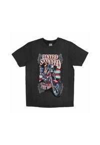 Black T-shirt made of cotton, featuring a graphic of a motorcycle and text on a background resembling the American flag.