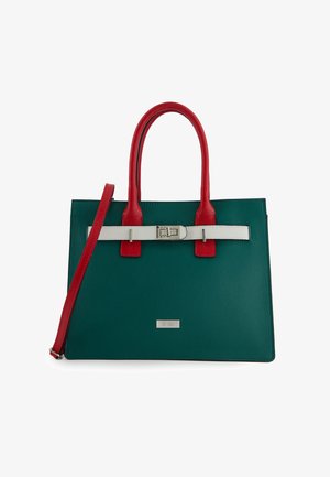 Groene leren handtas met rode handvatten, afneembare rode schouderband en witte gespdetails aan de voorkant.