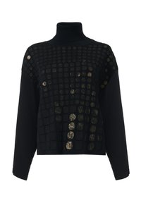 Schwarzer Rollkragenpullover mit einem strukturierten, gitterartigen Design und metallischen Akzenten; lange Ärmel und eine lockere Passform.