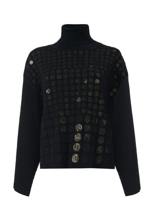 Zwarte coltrui met een textuur van een roestvrijstalen grid-achtig ontwerp en metallic accenten; lange mouwen en een losse pasvorm.