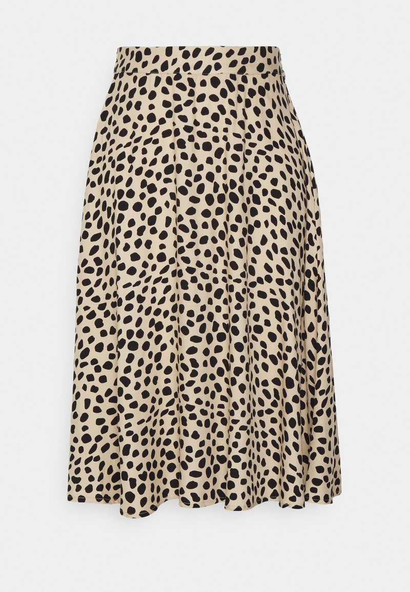 Jupe midi beige avec motif à pois noirs irréguliers, taille cintrée et silhouette évasée en A.