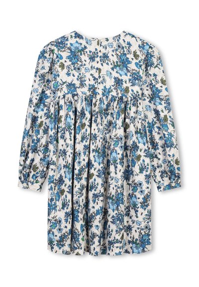 Bloemige jurk met lange puffmouwen, met een blauw bloemmotief op een witte achtergrond en een geraffineerd tailleontwerp.