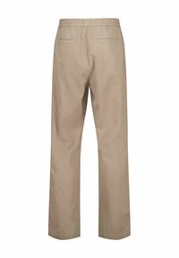 Pantalons beiges à coupe décontractée avec une taille élastique. Comprend deux poches arrière et un design à jambe droite. Matière en coton, texture lisse.