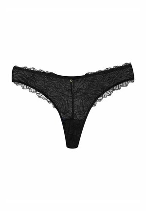 Black lace thong with floral pattern, featuring sheer fabric, scalloped edges, and a small gold accent at the back.