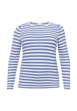 Dlhý rukáv top v modro-bielych pruhoch, vyrobený z textúrovanej tkaniny s okrúhlym výstrihom a priliehavým strihom. Klasický a univerzálny dizajn.