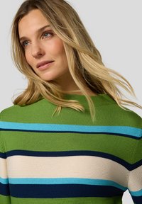 Grün gestreifter Pullover mit horizontalen Linien in Marineblau, Hellblau und Beige. Strukturierter Strickstoff mit weitem Ausschnitt.