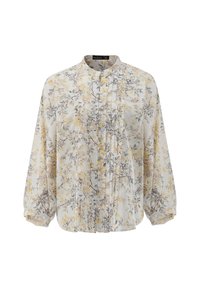 Floral blouse with yellow and gray patterns on a light background. Long sleeves, pleated front, and button closure detail. Soft fabric texture.
