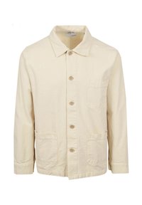 Giacca beige chiaro in cotone, con colletto, chiusura frontale a bottoni, due tasche laterali e una tasca sul petto.