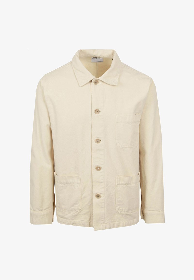 Hellbeige Jacke aus Baumwolle, mit kragen, Knopfverschluss vorne, zwei seitlichen Taschen und einer Brusttasche.