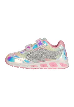 Iridescent athletic shoe with silver accents, pink sole, and double Velcro straps. Features a mesh upper with glitter detailing.