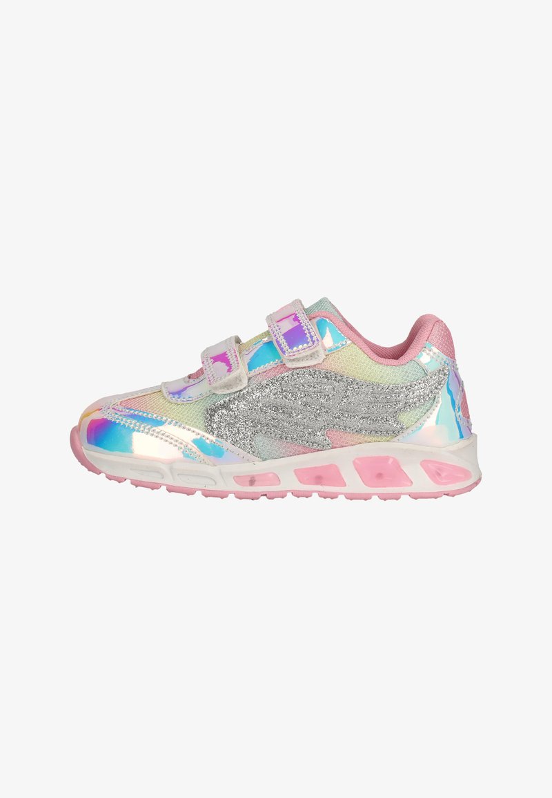 Iridescent athletic shoe with silver accents, pink sole, and double Velcro straps. Features a mesh upper with glitter detailing.
