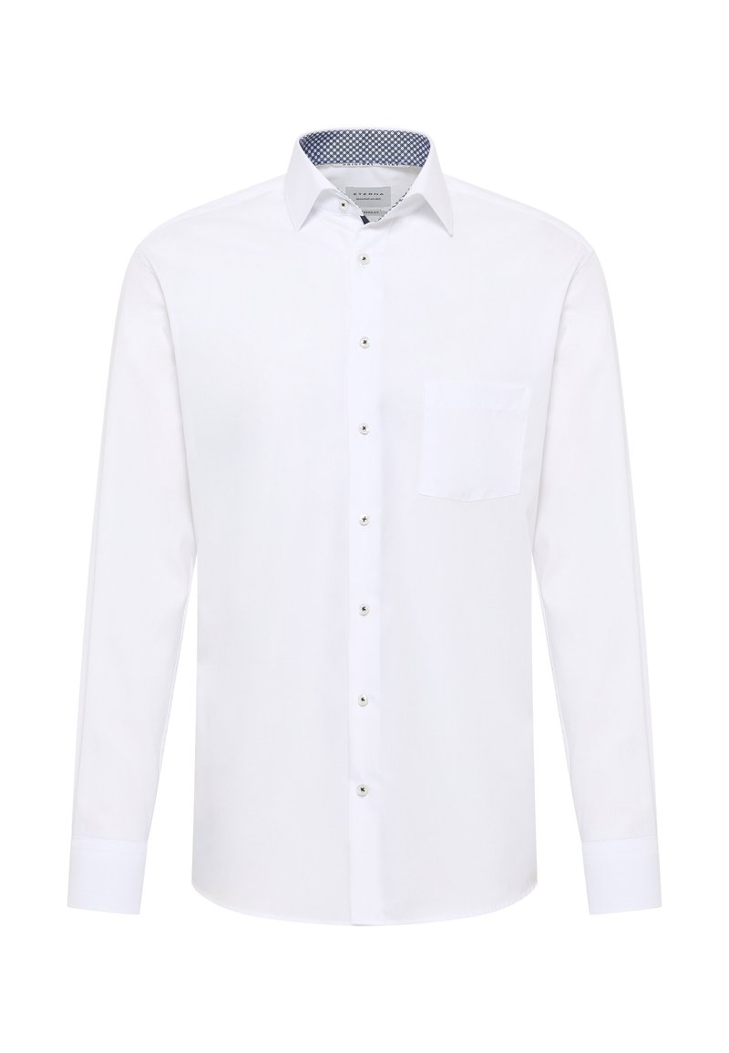 Weißes Langarmhemd mit Knopfleiste, einer einzelnen Brusttasche und einem kontrastierenden, gemusterten Kragenfutter. Glattes Baumwollgewebe.