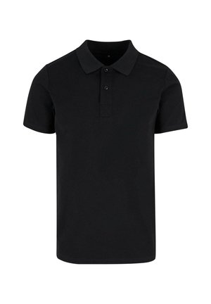 Fekete, rövid ujjú pólóing sima anyagból, klasszikus gallérral, három gombos nyakkal és varrott részletekkel az alján.