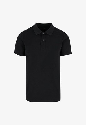 Sort kortærmet polo t-shirt lavet af glat stof med klassisk krave, tre-knap stolpe og syede detaljer ved kanten.