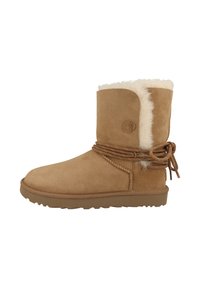 Tan suede ankle boots with a fluffy white lining and brown rubber sole. Features a braided cord accent wrapped around the heel.
