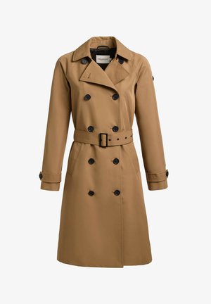 Dvoredni bež baloner s crnim gumbima, remenom u struku, ovratnikom s razrezom i manžetama s gumbima na dugim rukavima.