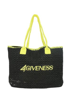 Borsa tote nera intrecciata con manici e rifiniture gialle, con la scritta "4GIVENESS" in testo giallo sul davanti.
