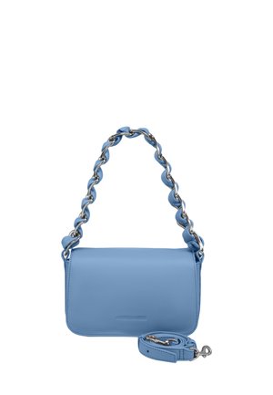 Light blue leather handbag with a chain handle and a detachable strap. The design is rectangular with smooth texture and minimal detailing.