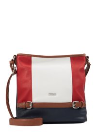 Crossbody torba od kože s crveno, bijelo i mornaricki dizajnom, smešnim obrubom, podesivim remenom i akcentima od srebra.