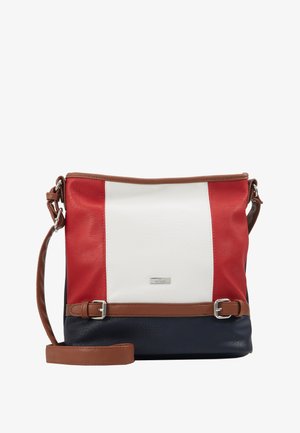 Leder-Crossbody-Tasche mit einem rot-weißen und navyfarbenen Design, braunen Akzenten, verstellbarem Schulterriemen und silbernen Hardware-Details.