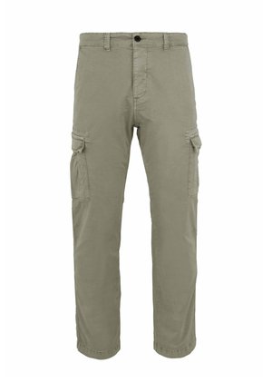Khaki zielone spodnie cargo z zapięciem na guzik i zamek oraz dwiema bocznymi kieszeniami z patkami na białym tle.