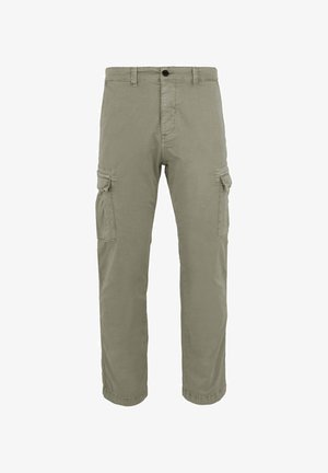 Khaki groene cargobroek met knoop- en ritsluiting en twee zijflapzakken op een witte achtergrond.