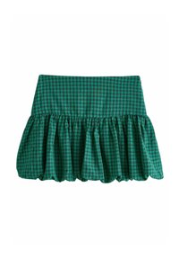 Gonna a quadri verdi con un design svasato e arricciato. Il tessuto strutturato presenta righe orizzontali e verticali in diverse tonalità di verde e nero.