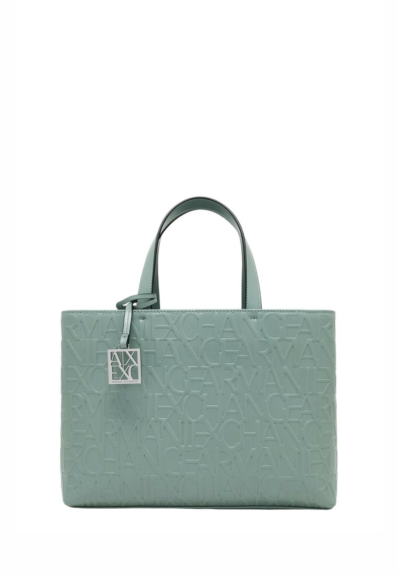 Borsa tote verde menta con motivo a logo in rilievo, doppi manici superiori e un'etichetta argentata rimovibile. Texture liscia, forma rettangolare.
