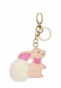 Sleutelhanger in de vorm van een konijn, gemaakt van roze gestructureerd faux leer met een witte faux bont pompon staart en roze oorkleuraccent. Gouden hardware.