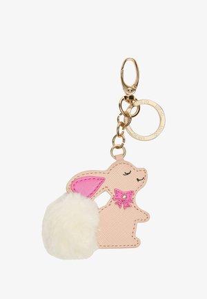 Portachiavi a forma di coniglio, realizzato in finta pelle testurizzata rosa con una coda di pom-pom in finta pelliccia bianca e un accento in rosa sulle orecchie. Accessori in oro.