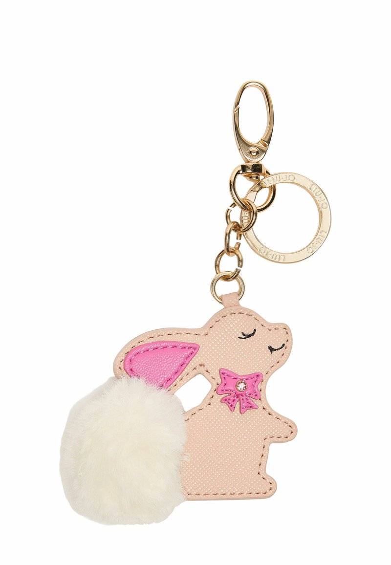 Sleutelhanger in de vorm van een konijn, gemaakt van roze gestructureerd faux leer met een witte faux bont pompon staart en roze oorkleuraccent. Gouden hardware.
