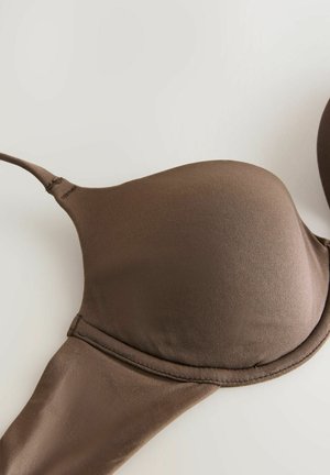 Brown padded bra with a smooth texture, underwire support, and adjustable straps; features a seamless design for a clean silhouette.