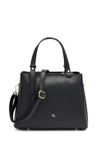 Borsa a mano in pelle nera con finitura testurizzata, manici doppi, tracolla rimovibile, hardware color oro e piedi in metallo per stabilità.