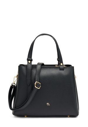 Borsa a mano in pelle nera con finitura testurizzata, manici doppi, tracolla rimovibile, hardware color oro e piedi in metallo per stabilità.
