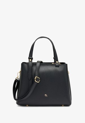 Borsa a mano in pelle nera con finitura testurizzata, manici doppi, tracolla rimovibile, hardware color oro e piedi in metallo per stabilità.