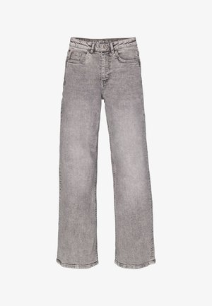 Weit geschnittene graue Denim-Jeans mit hellem Waschungseffekt, ausgestattet mit Knopf- und Reißverschluss, fünf Taschen und kontrastierenden Nähten.