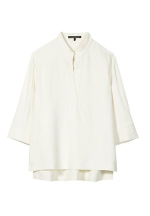 Weiße Bluse mit langen Ärmeln, Mandarinkragen, verdeckter Frontblende und leicht verlängertem Rückensaum, entworfen für Frauen.