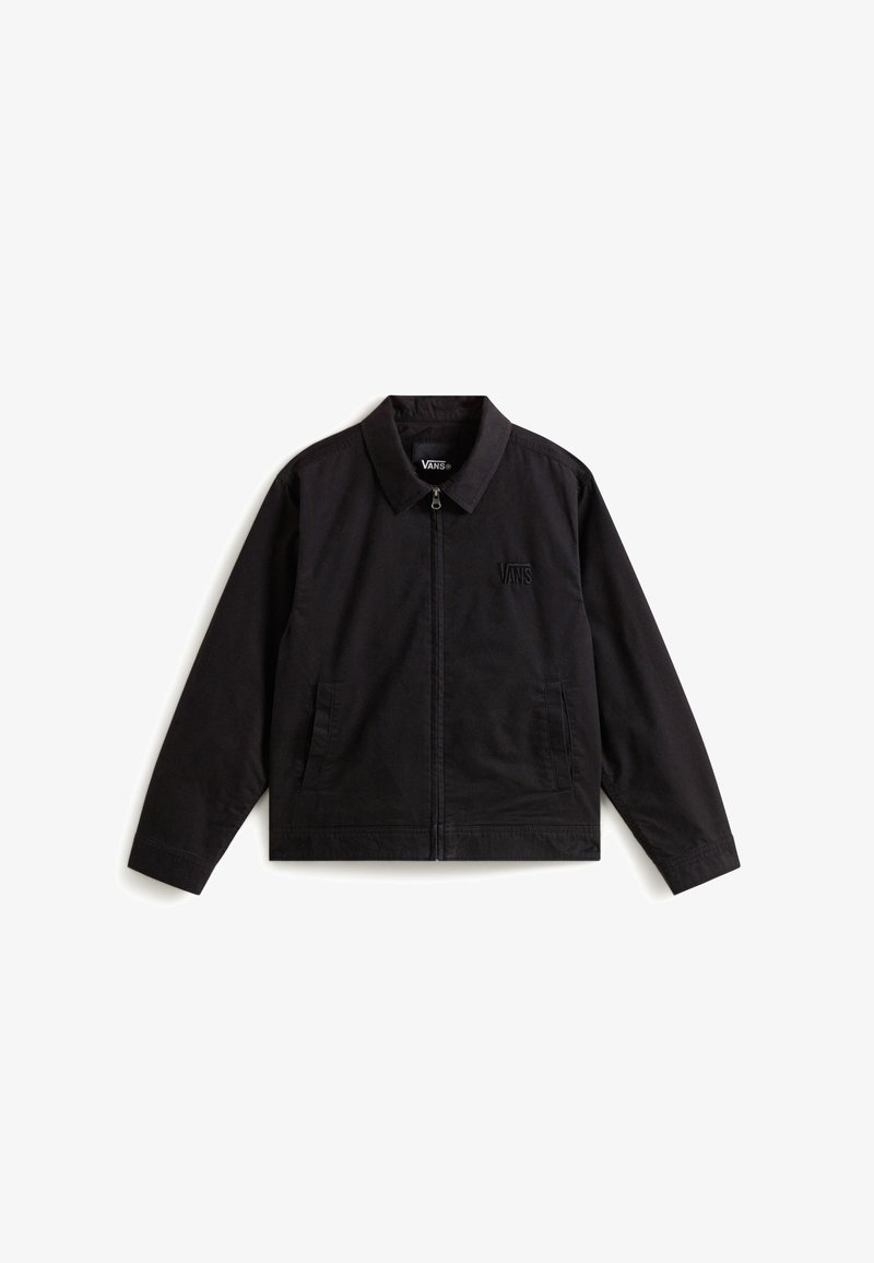 Black jacket made of cotton with a zip front, pointed collar, and two side pockets. Features an embossed Vans logo on the chest.