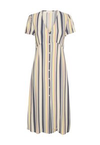 Robe boutonnée à manches courtes, présentant des rayures verticales en marine, jaune pastel, rose et crème. Tissu léger avec un décolleté en V.