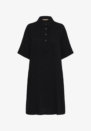 Černé šaty s krátkým rukávem a délkou po kolena, s límečkem a čtyřmi knoflíky na předním zapínání, vyrobené z texturované látky.