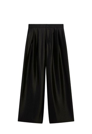 Svarta vida byxor i glansigt material med hög elastisk midja och mjuka veck för extra volym.