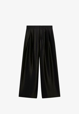 Schwarze Weitbein-Hose aus glänzendem Material, mit hohem elastischem Bund und weichen Falten für mehr Volumen.