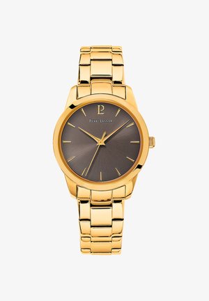 Orologio in metallo color oro con cassa rotonda, quadrante grigio scuro, indicatori delle ore minimalisti e design della bracciale a maglie. Logo del marchio esposto.