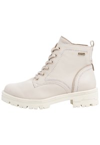 Stivale alla caviglia in pelle beige chiaro con punta rotonda, lacci sul davanti, suola testurizzata e dettagli di cucitura sottili. Suola in gomma bianca con grip.