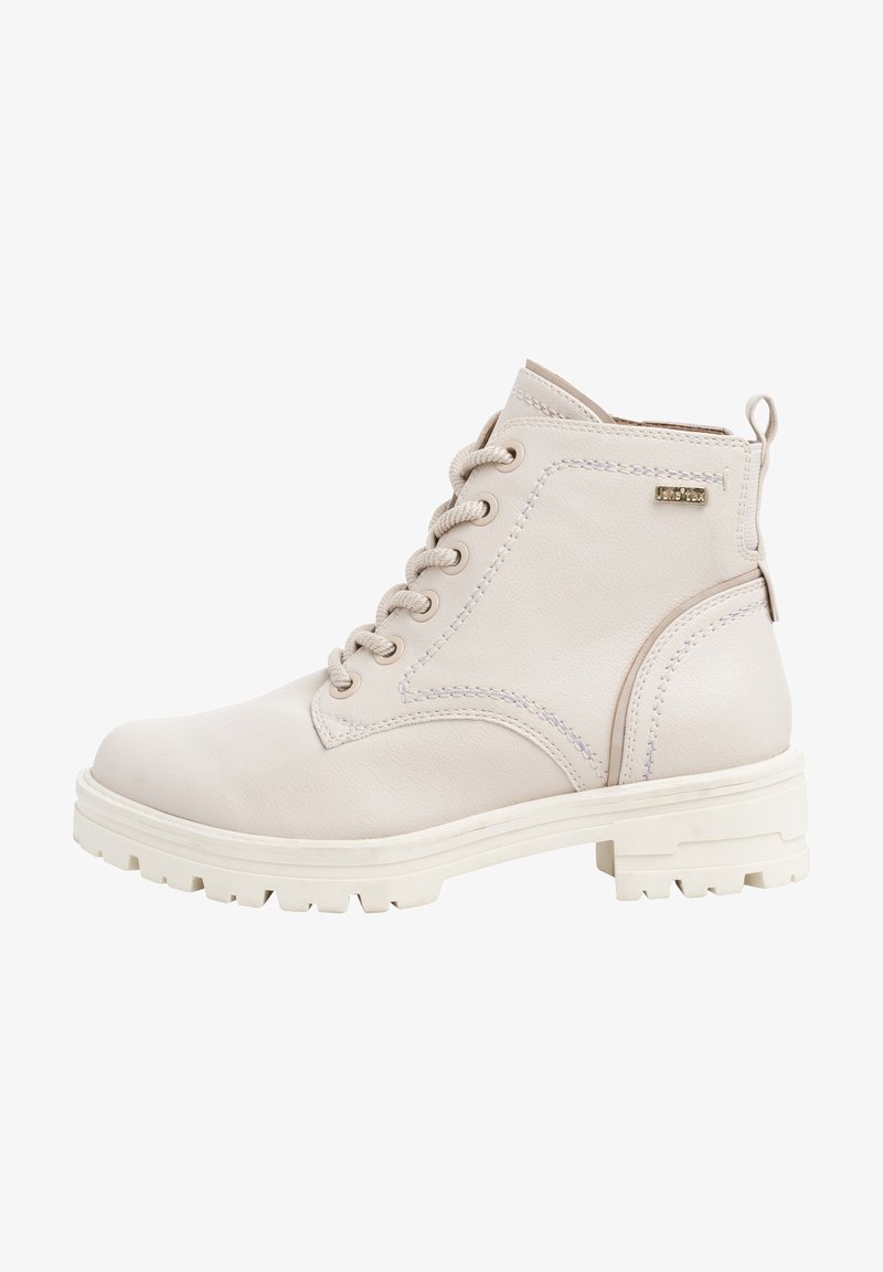 Stivale alla caviglia in pelle beige chiaro con punta rotonda, lacci sul davanti, suola testurizzata e dettagli di cucitura sottili. Suola in gomma bianca con grip.