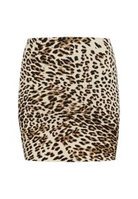 Gonna mini con stampa leopardata realizzata in tessuto morbido. Presenta una silhouette attillata con motivi nei colori nero, marrone e crema.