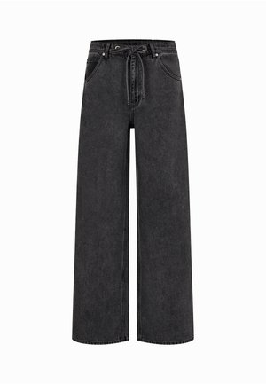 Zwarte denim broek met wijde pijpen en een trekkoord in de taille, met een vijf-pocket ontwerp en subtiele textuur. Platte voorkant en rechte zoom.